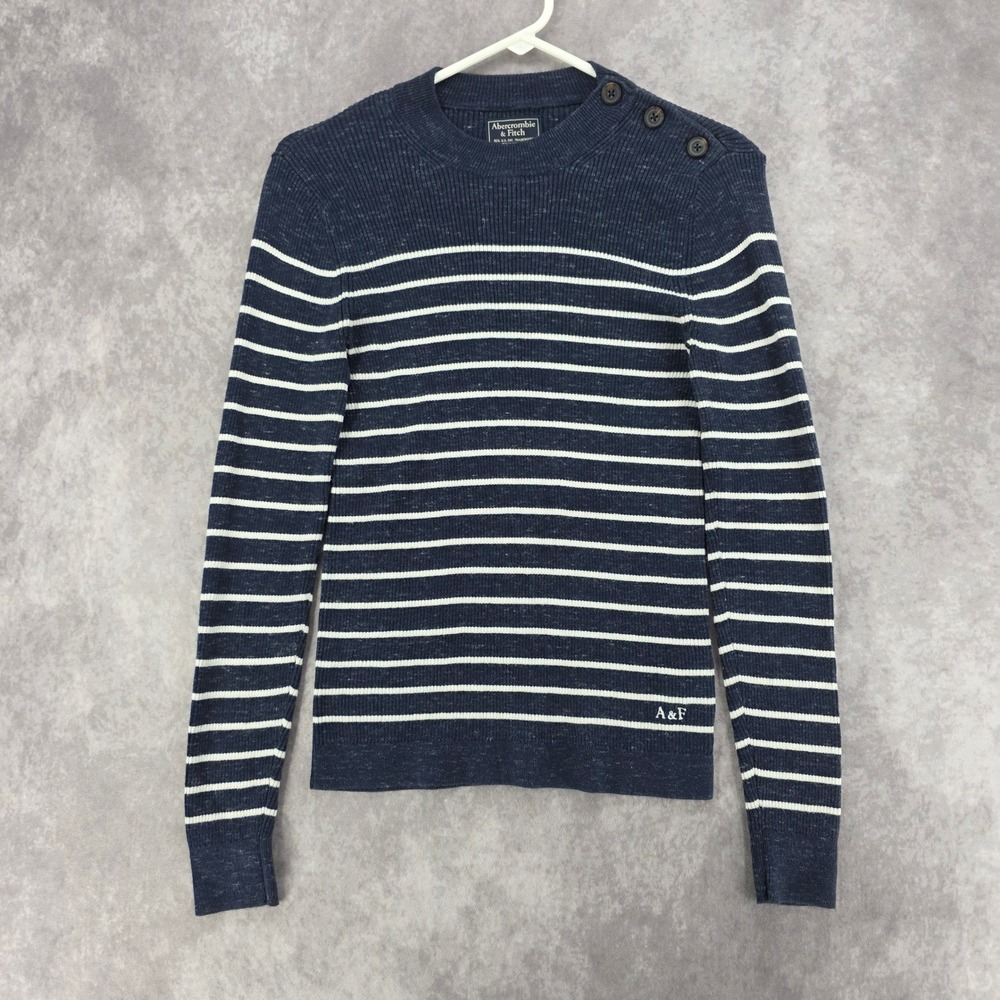 Vintage Abercrombie & Fitch Striped Ribbed Button Shoulder Sweater Navy Large